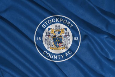 Pringsewu, lamba 25 Mayıs 2025, Stockport County futbol kulübü logosunun seçici odak noktası efl League bir şampiyonluk, 3d illüstrasyon