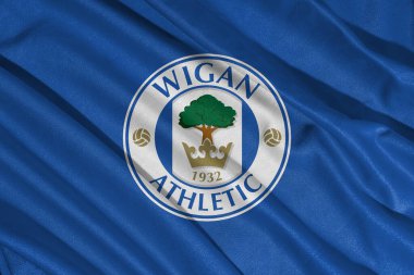 Pringsewu, lamba 25 Mayıs 2025, Wigan Atletizm Kulübü logosunun seçici odak noktası efl League 1 şampiyonluğu, 3d illüstrasyon