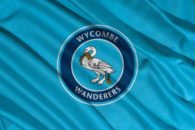 Pringsewu, lamba 25 Mayıs 2025, Wycombe Wanderers futbol kulübü logosunun seçici odak noktası birinci lig şampiyonluğu, 3d illüstrasyon