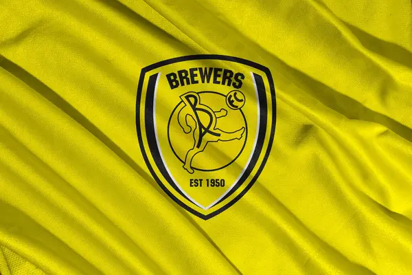 Pringsewu, lamba 25 Mayıs 2025, Burton Albion futbol kulübü logosunun seçici odak noktası efl League 1 şampiyonluğu, 3d illüstrasyon