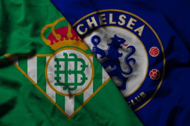 Pringsewu, Lampung; 19 Mayıs 2025; Real Betis futbol kulübü logosunun çapraz dalga dokusu ve Chelsea futbol kulübü logosu birleşimi..