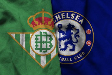 Pringsewu, Lampung; 19 Mayıs 2025; Real Betis futbol kulübünün kumaş logosu ve Chelsea futbol kulübü logosu karışımı..