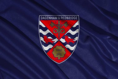 Pringsewu, Lampung; 21 Mayıs 2025; Dagenham & Redbridge Millî Futbol Kulübü 'nün Logo Flag Waving Banner' ı, İngiltere, 3d Illustration