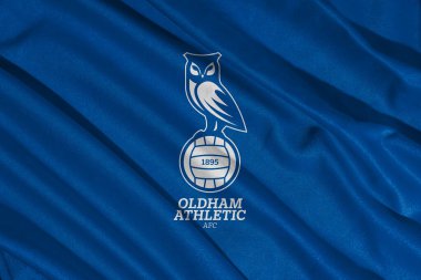 Pringsewu, Lampung; 21 Mayıs 2025; Oldham Atletizm Futbol Kulübü Ulusal Futbol Ligi Logo Bayrağı, 3d Illustration