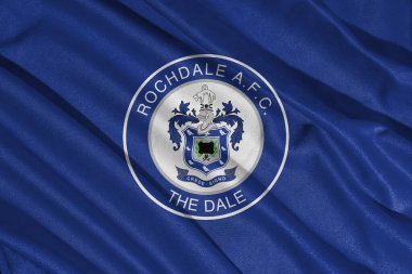 Pringsewu, Lampung; 21 Mayıs 2025; Rochdale Futbol Kulübü Ulusal Futbol Ligi Logo Bayrağı, 3d Illustration