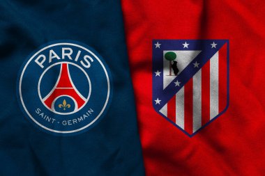 Pringsewu, Lampung; 22 Mayıs 2025; PSG futbol kulübü logosu deseni ile Atletico Madrid futbol kulübü logosu birleşimi ile kulüpler arası dünya kupası yarışması