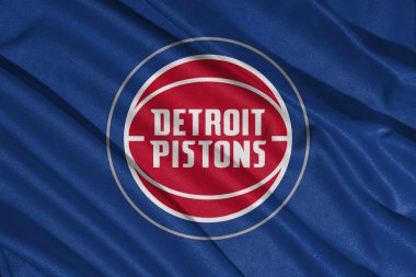 Pringsewu, Lampung; 23 Mayıs 2025; Detroit Pistons kulüp bayrağı dokusu, NBA, dalgalanıyor. 3B illüstrasyon