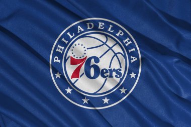Pringsewu, Lampung; 23 Mayıs 2025; Philadelphia 76ers kulübü bayrağı, NBA, dalgalanıyor. 3B illüstrasyon