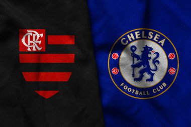Pringsewu, Lampung; 19 Haziran 2025; Kulüp içi dünya kupası yarışmasında Chelsea futbol kulübü logosunun kombinasyonu olan Flamengo futbol kulübü logosu.