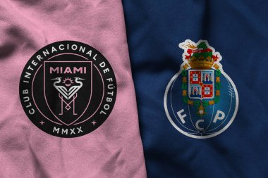 Pringsewu, Lampung; 19 Haziran 2025; Kulüp içi dünya kupası yarışmasında Porto Futbol Kulübü logosu kombinasyonu olan Miami Futbol Kulübü logosu dokusu