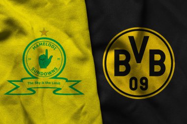 Pringsewu, Lampung; 19 Haziran 2025; Mamelodi Sundowns futbol kulübü logosu, dünya kupası yarışmasında Borussia Dortmund futbol kulübü logosunun kombinasyonu.