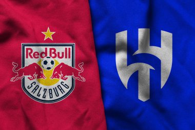 Pringsewu, Lampung; 19 Haziran 2025; RB Salzburg futbol kulübü logosunun dokusu Al Hilal futbol kulübü logosunun bir kombinasyonuyla kulüpler arası dünya kupası yarışmasında