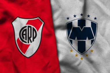 Pringsewu, Lampung; 19 Haziran 2025; Kulüpler arası dünya kupası yarışmasında Monterry futbol kulübü logosunun kombinasyonuyla River Plate futbol kulübü logosu