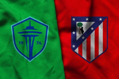 Pringsewu, Lampung; 19 Haziran 2025; Sounders futbol kulübü logosunun dokusu Atletico Madrid futbol kulübü logosunun bir kombinasyonuyla kulüpler arası dünya kupası yarışmasında