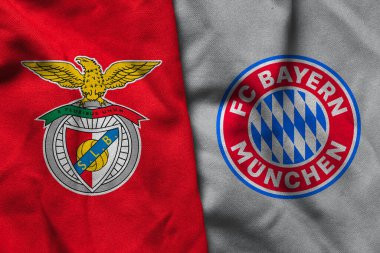 Pringsewu, Lampung; 25 Haziran 2025; Bayern Münih futbol kulübü logosu kombinasyonlu SL Benfica futbol kulübü logosu.