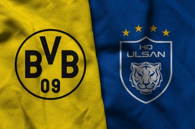 Pringsewu, Lampung; 25 Haziran 2025; Borussia Dortmund futbol kulübü logosunun dokusu ve HD Ulsan futbol kulübü logosu birleşimi