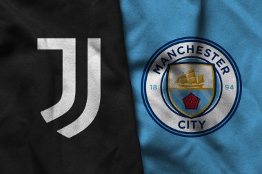 Pringsewu, Lampung; 25 Haziran 2025; Manchester City futbol kulübü logosunun kombinasyonu olan Juventus futbol kulübü logosu.