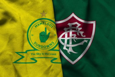 Pringsewu, Lampung; 25 Haziran 2025; Mamelodi Sundowns futbol kulübü logosu ve Fluminense futbol kulübü logosu birleşimi