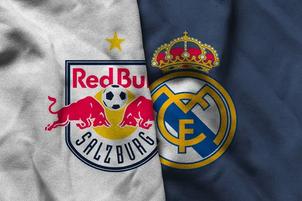 Pringsewu, Lampung; 25 Haziran 2025; RB Salburg futbol kulübü logosunun dokusu ve Real Madrid futbol kulübü logosu birleşimi