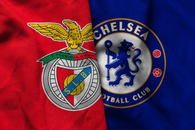 Pringsewu, Lampung; 27 Haziran 2025; SL Benfica futbol kulübü kumaşı ve Chelsea futbol kulübü logosu kombinasyonu