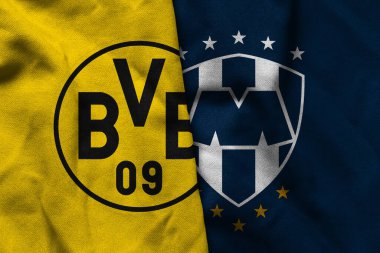 Pringsewu, Lampung; 27 Haziran 2025; Borussia Dortmund futbol kulübü kumaşı ve Monterrey futbol kulübü logosu kombinasyonu