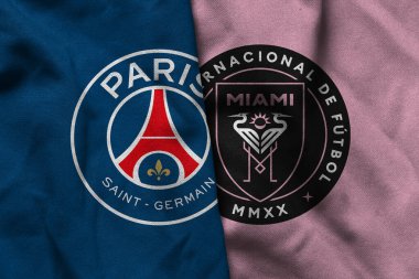 Pringsewu, Lampung; 27 Haziran 2025; PSG futbol kulübü kumaşı ve Miami futbol kulübü logosu kombinasyonu