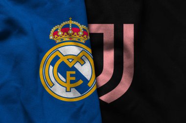 Pringsewu, Lampung; 27 Haziran 2025; Real Madrid futbol kulübü kumaşı Juventus futbol kulübü logosu kombinasyonu