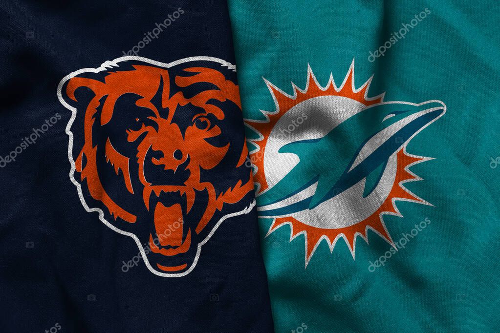 Pringsewu, Lampung; July 1, 2025; texture of the waving flag with the logo of the NFL American Football Team  Chicago Bears combined with the Miami Dolphins