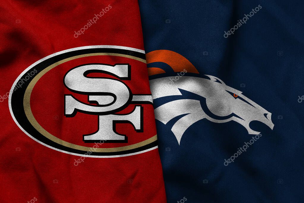 Pringsewu, Lampung; July 1, 2025; texture of the waving flag with the logo of the NFL American Football Team San Francisco 49ers combined with the Denver Broncos