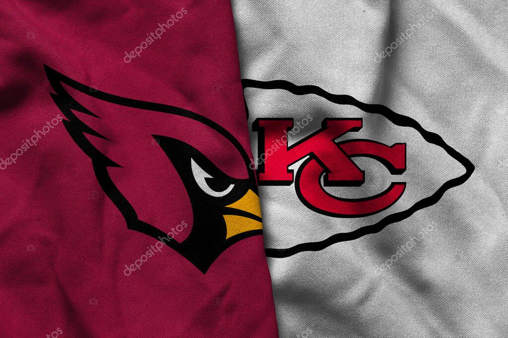 Pringsewu, Lampung; July 1, 2025; texture of the waving flag with the logo of the NFL American Football Team Arizona Cardinals combined with the Kansas City Chiefs