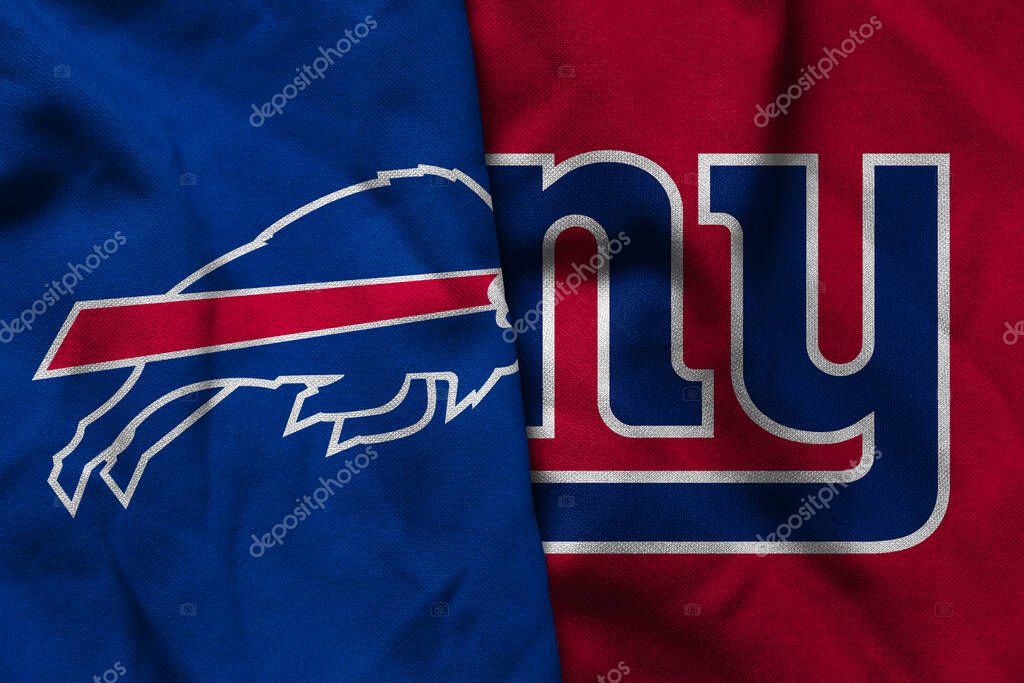Pringsewu, Lampung; July 1, 2025; texture of the waving flag with the logo of the NFL American Football Team Buffalo Bills combined with the New York Giants