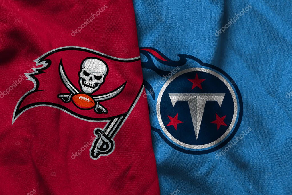 Pringsewu, Lampung; July 1, 2025; texture of the waving flag with the logo of the NFL American Football Team Tampa Bay Buccaneers combined with the Tennessee Titans