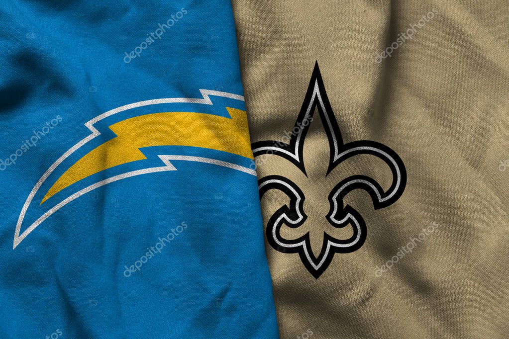 Pringsewu, Lampung; July 1, 2025; texture of the waving flag with the logo of the NFL American Football Team Los Angeles Chargers combined with the New Orleans Saints