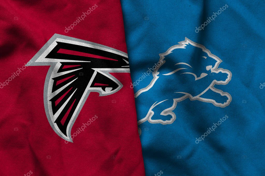 Pringsewu, Lampung; July 1, 2025; texture of the waving flag with the logo of the NFL American Football Team Atlanta Falcons combined with the Detroit Lions