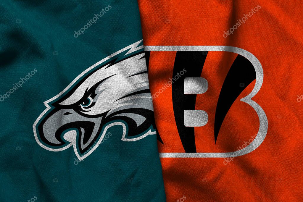 Pringsewu, Lampung; July 1, 2025; texture of the waving flag with the logo of the NFL American Football Team Philadelphia Eagles combined with the Cincinnati Bengals