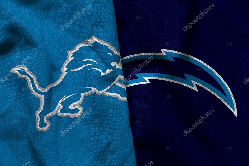 Pringsewu, Lampung; July 1, 2025; texture of the waving flag with the logo of the NFL American Football Team Detroit Lions combined with the Los Angeles Chargers