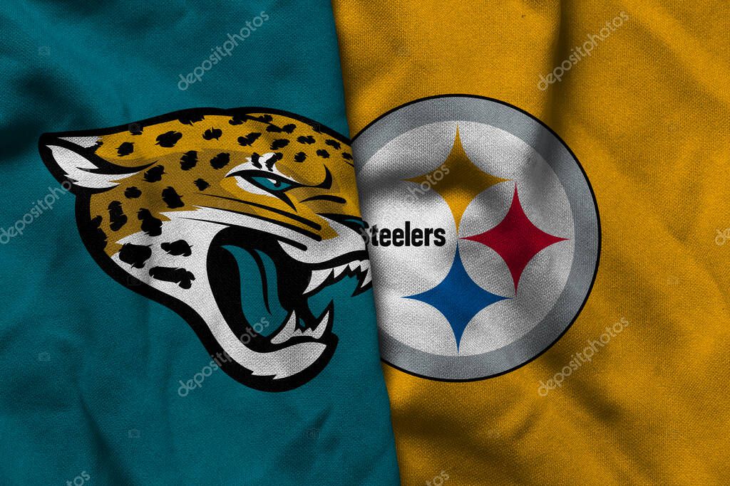 Pringsewu, Lampung; July 1, 2025; texture of the waving flag with the logo of the NFL American Football Team Jacksonville Jaguars combined with the Pittsburgh Steelers
