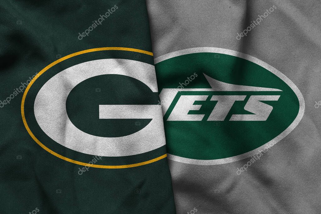 Pringsewu, Lampung; July 1, 2025; texture of the waving flag with the logo of the NFL American Football Team Green Bay Packers combined with the New York Jets