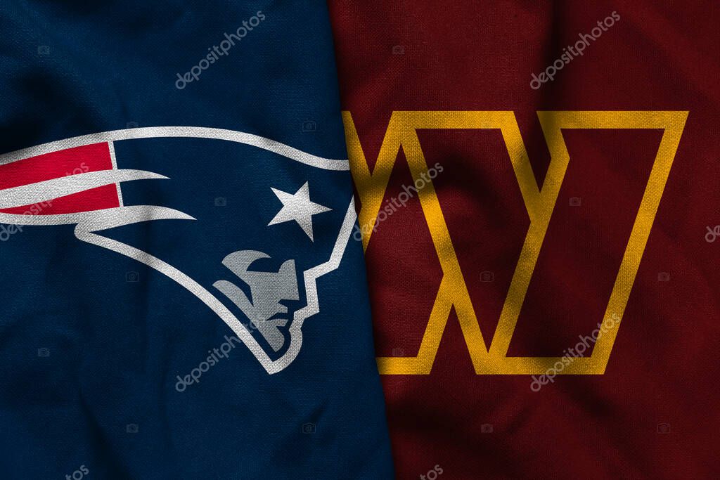 Pringsewu, Lampung; July 1, 2025; texture of the waving flag with the logo of the NFL American Football Team New England Patriots combined with the Washington Commanders