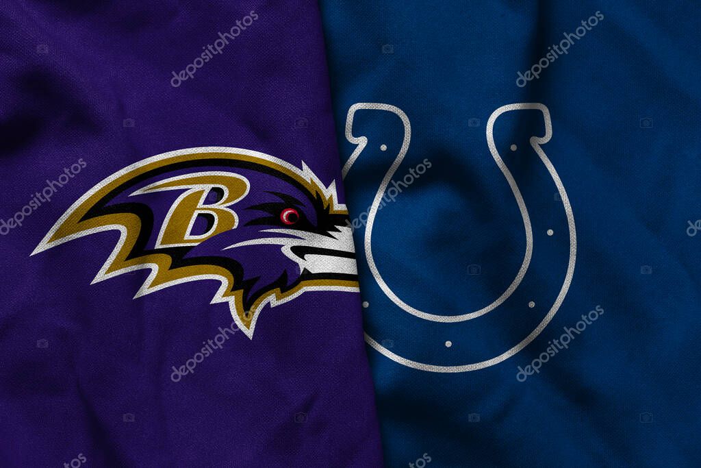 Pringsewu, Lampung; July 1, 2025; texture of the waving flag with the logo of the NFL American Football Team Baltimore Ravens combined with the Indianapolis Colts