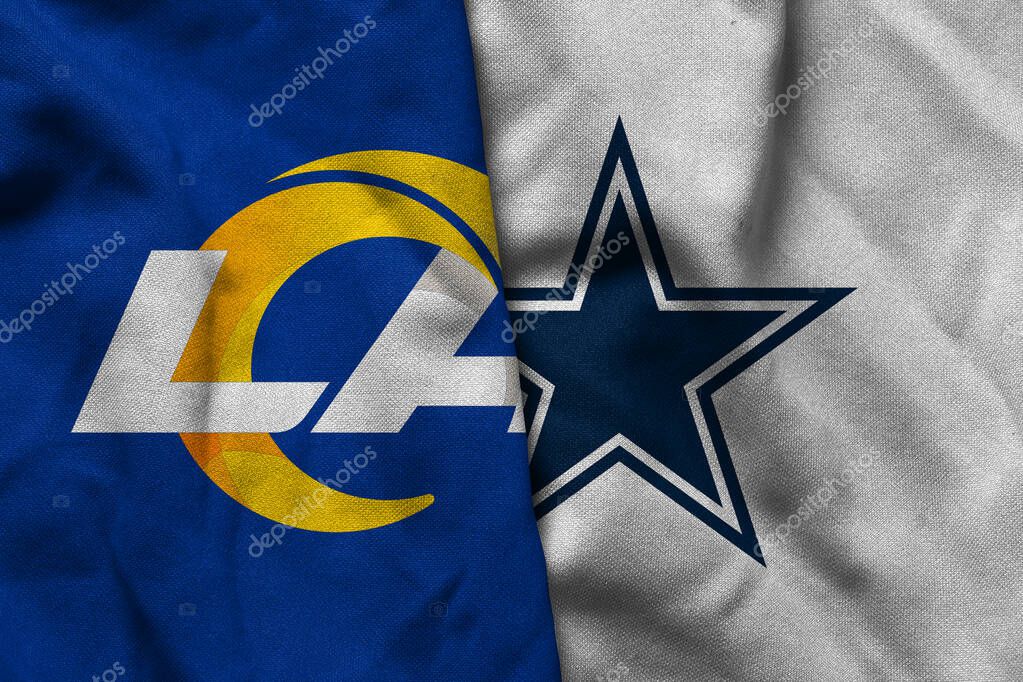 Pringsewu, Lampung; July 1, 2025; texture of the waving flag with the logo of the NFL American Football Team Los Angeles Rams combined with the Dallas Cowboys
