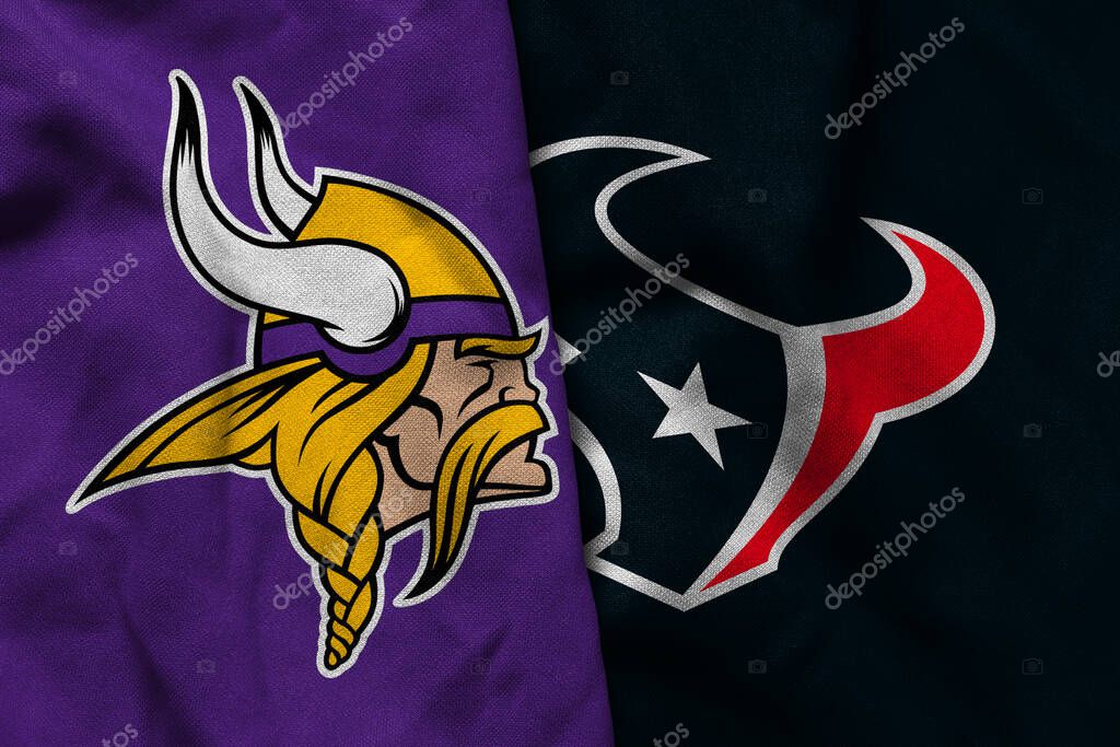 Pringsewu, Lampung; July 1, 2025; texture of the waving flag with the logo of the NFL American Football Team Minnesota Vikings combined with the Houston Texans