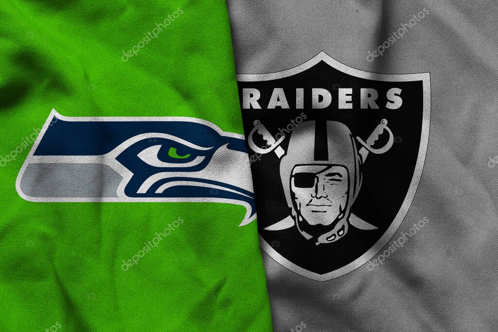 Pringsewu, Lampung; July 1, 2025; texture of the waving flag with the logo of the NFL American Football Team Seattle Seahawks combined with the Las Vegas Raiders