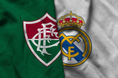 Pringsewu, Lampung; Temmuz 06, 2025; Fluminense futbol kulübü kumaşı ve Real Madrid futbol kulübü logosu birleşimi