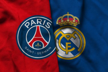 Pringsewu, Lampung; Temmuz 06, 2025; PSG futbol kulübü kumaşı ve Real Madrid futbol kulübü logosu birleşimi Fifa Dünya Kupası yarışması