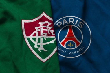 Pringsewu, Lampung; Temmuz 06, 2025; Fluminense futbol kulübü kumaşı PSG futbol kulübü logosu kombinasyonu ile Fifa Dünya Kupası yarışması