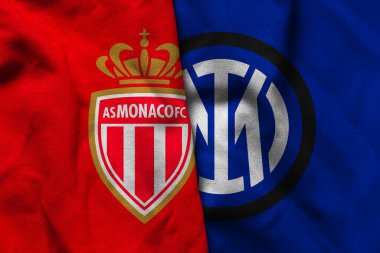 Pringsewu, Lampung; 2 Ağustos 2025; As Monaco ve Inter Milan futbol kulübü logolarının dalgalı kumaşlı kombinasyonu