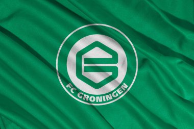 Pringsewu, Lampung; 6 Ağustos 2025; Hollanda Ligi 'nde FC Groningen futbol kulübünün kumaşlı bayrak logosu