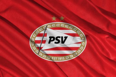 Pringsewu, Lampung; 6 Ağustos 2025; Hollanda Ligi 'nde PSV Eindhoven futbol kulübünün dokulu kumaşlı bayrak logosu