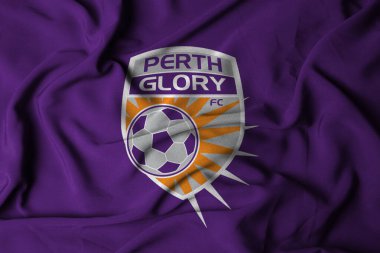 Pringsewu, Lampung; 12 Ağustos 2025; Sallanan bayrak Avustralya Profesyonel Ligi 'ndeki Perth Glory futbol takımının logosunu temsil etmektedir..